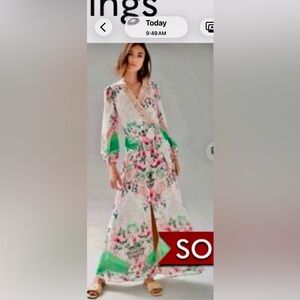 White House Black Market Pink Floral Wrap Dress with Green Accents